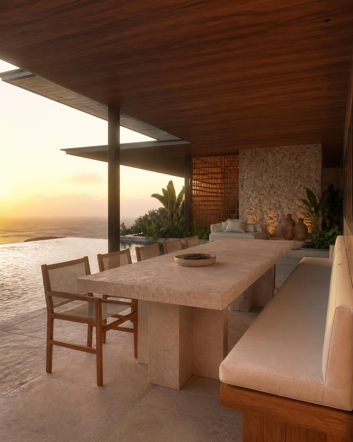 Terraço de jantar junto à piscina da Casa Horizonte