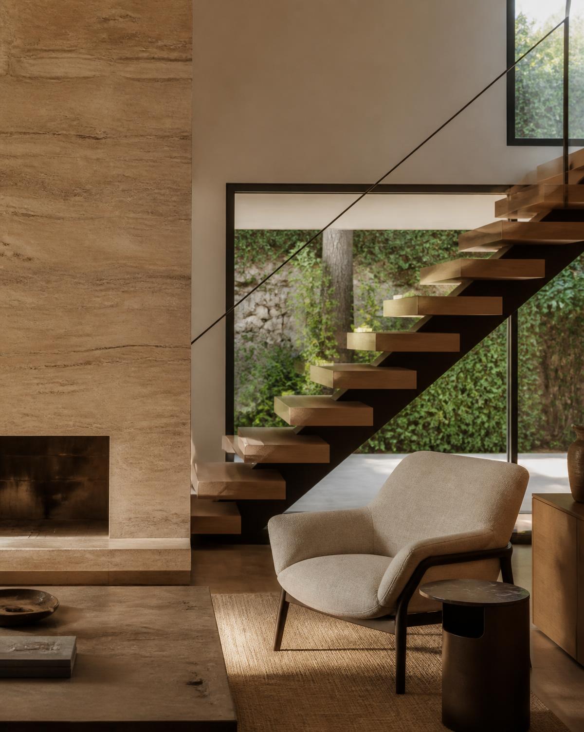 Escada suspensa e estar da Casa Travertino