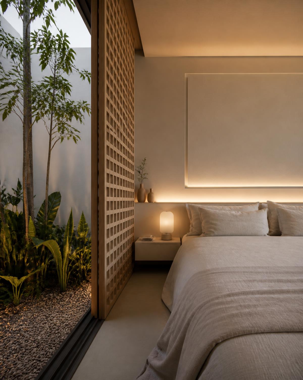 Dormitório com jardim interno da Suíte Zenital